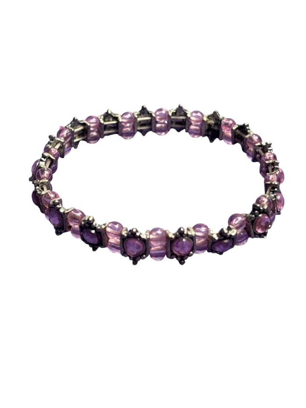 Silvertone Pink Rhinestone Beaded Stretchy Bracelet 6.5 inches Unstretched
